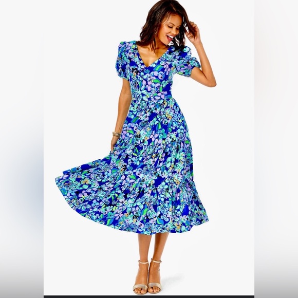 New with tags Lilly Pulitzer Grace Tiered Midi Dress in blue grotto - Picture 1 of 12